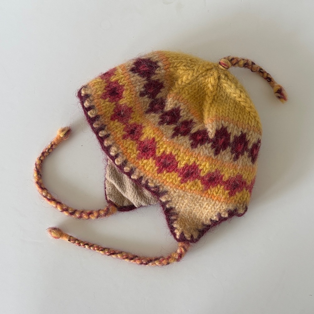Cute Wool Knit Fleece Lined Earflap Winter Hat | Yellow & Pink | Toddler ~12-24M